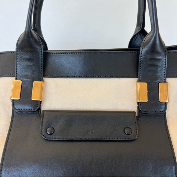 CHLOE Alicia Black Cream Leather Gold Hardware Extra Large Duffel Tote Satchel - Picture 5 of 16